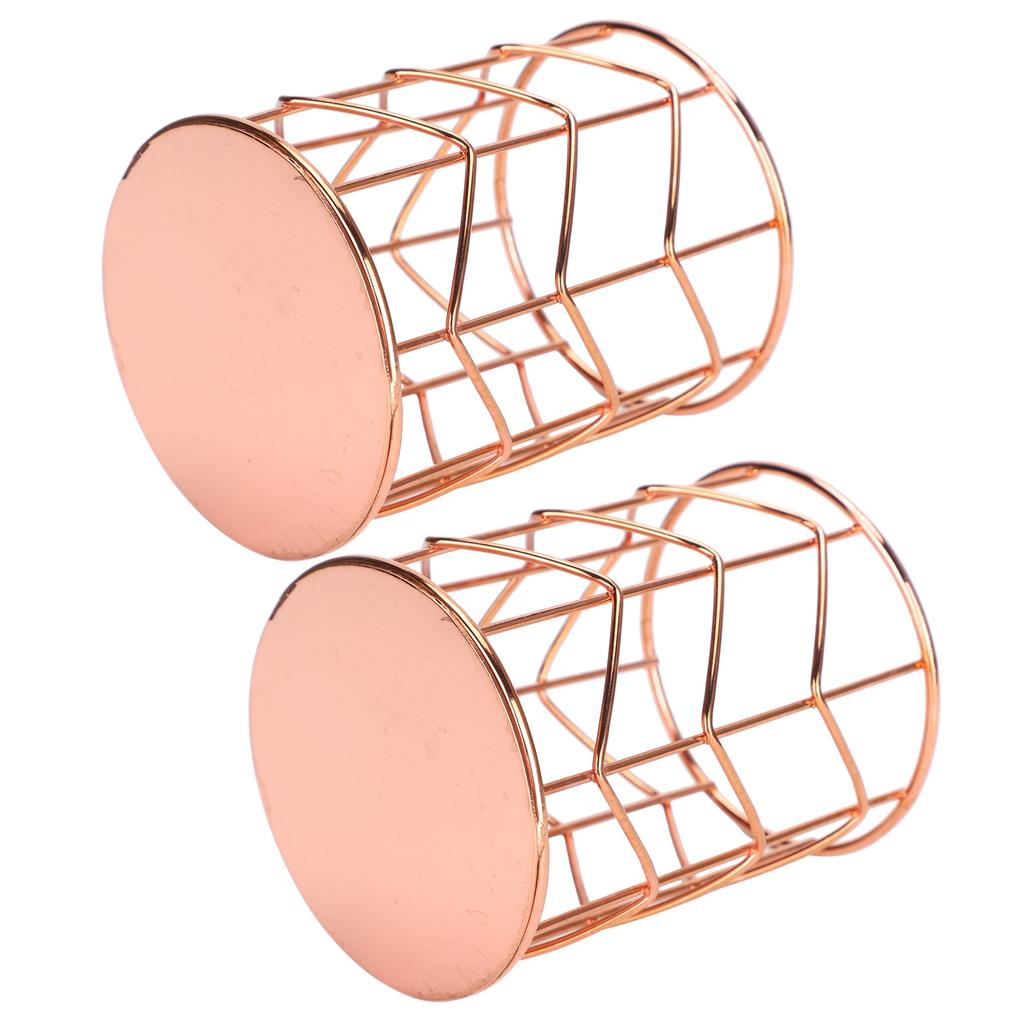 2Pcs Pen Holder Round Rose Gold Desktop Storage Basket Metal Mesh Makeup Organizer Box