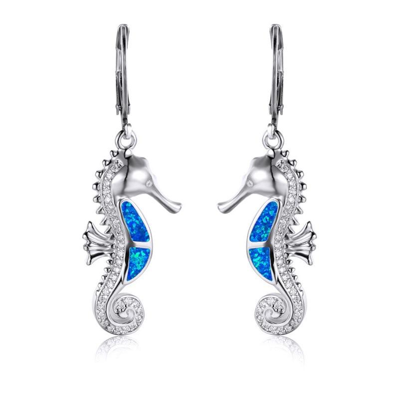Wunsch Heißer Meereswind Serie Roségold Weißgold Blau-Weißer Opal Mikrofassung Weißer Diamant Seepferdchen Vielseitige Ohrringe