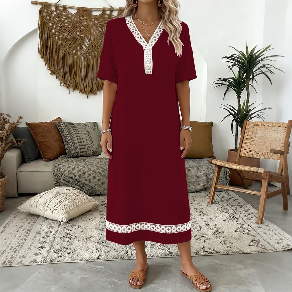 Women's Elegant Lace Trim Short Sleeve Midi Dress V Neckline Lightweight Summer Casual Dress for Daily Wear