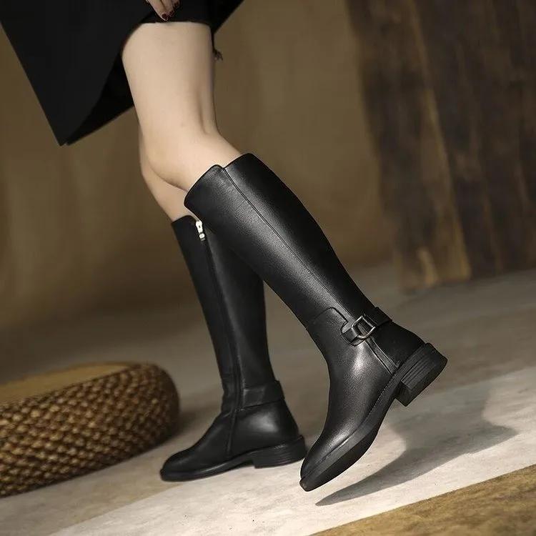 Fashion New Pu Leather Knee Boots Shoes for Women Buckle Metal Decoration Fashion Outdoor Ladies Footwear Size 34-41 Long Black Botas
