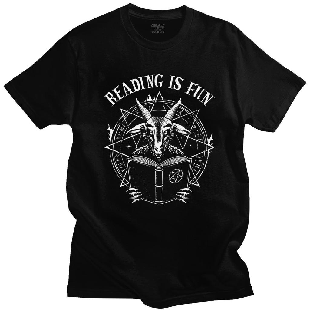 Funny Baphomet T Shirt Satan Demon Geeks Reading Is Fun Tee Tops Men Pop Culture Parody Digital Print 100% Cotton T-Shirt Gift