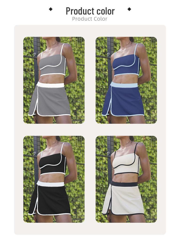 Women's Color Block Strap Skirt & Shorts Set – High Waist, Slimming Yoga Outfit with Contrast Design