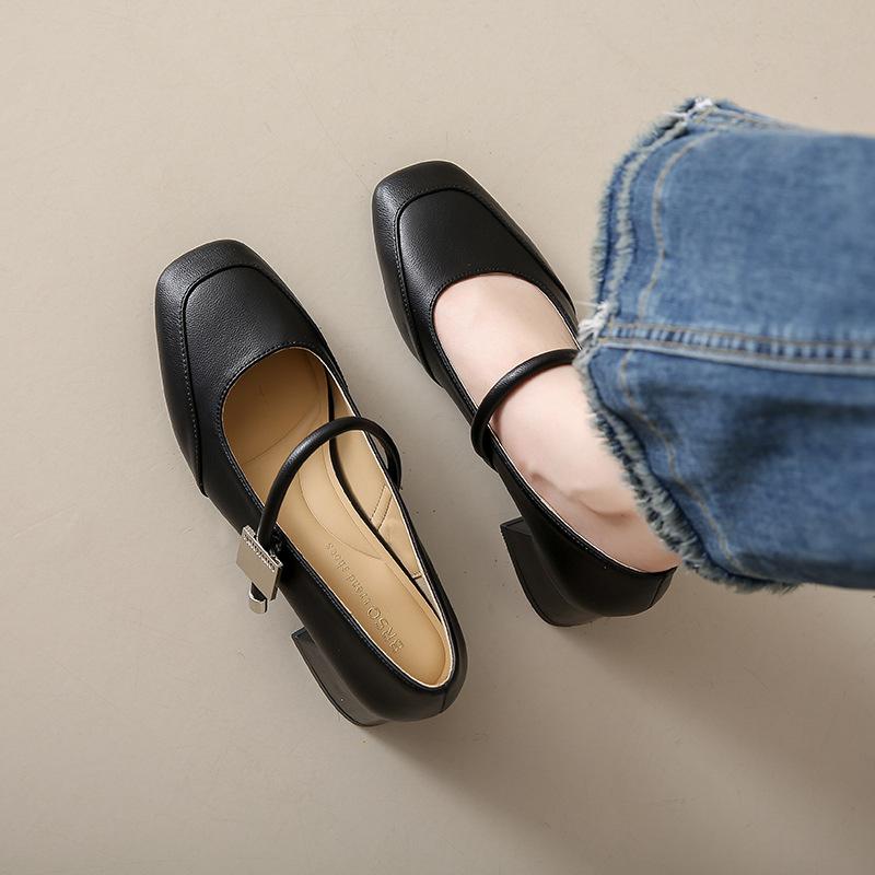 French Mary Jane Women'S Shoes Soft Leather Coarse Heel Late Evening Wind Small Leather Shoes Versatile High Heels Medium Heel Single Shoes