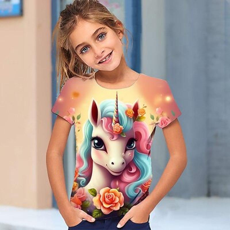 

Футболка для девочек с 3D графикой и рисунком единорога, футболка с короткими рукавами и 3D принтом, лето и весна, активная мода, милый полиэстер, для детей от 3 до 12 лет, на открытом воздухе 150