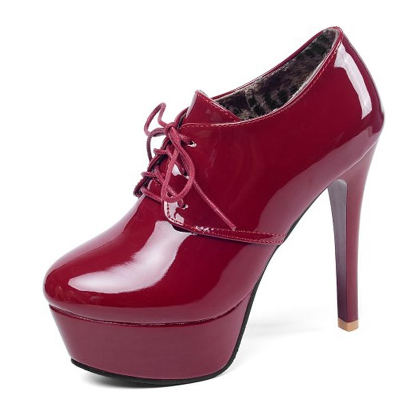Pumps Round Toe 13cm Thin High Heels Patent Leather Lace Up Cross-tied Platforms 33-45