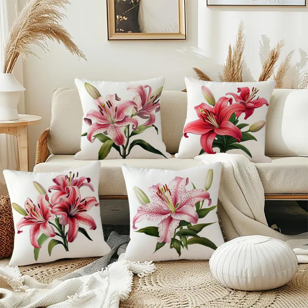 Graceful Lily Floral Pattern Digital Printing Pillow Cover Short Plush Suitable Living Rooms Bedrooms Sofas Throw Cushion Cover