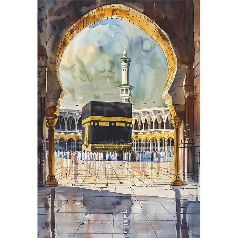 Meczet Al-Aksa i Kaaba Islamskie Malowanie Diamentami do Salonu Wystrój Domu 5D DIY Pełne Wiercenie Styl Akwarelowy Zestaw Sztuki na Płótnie