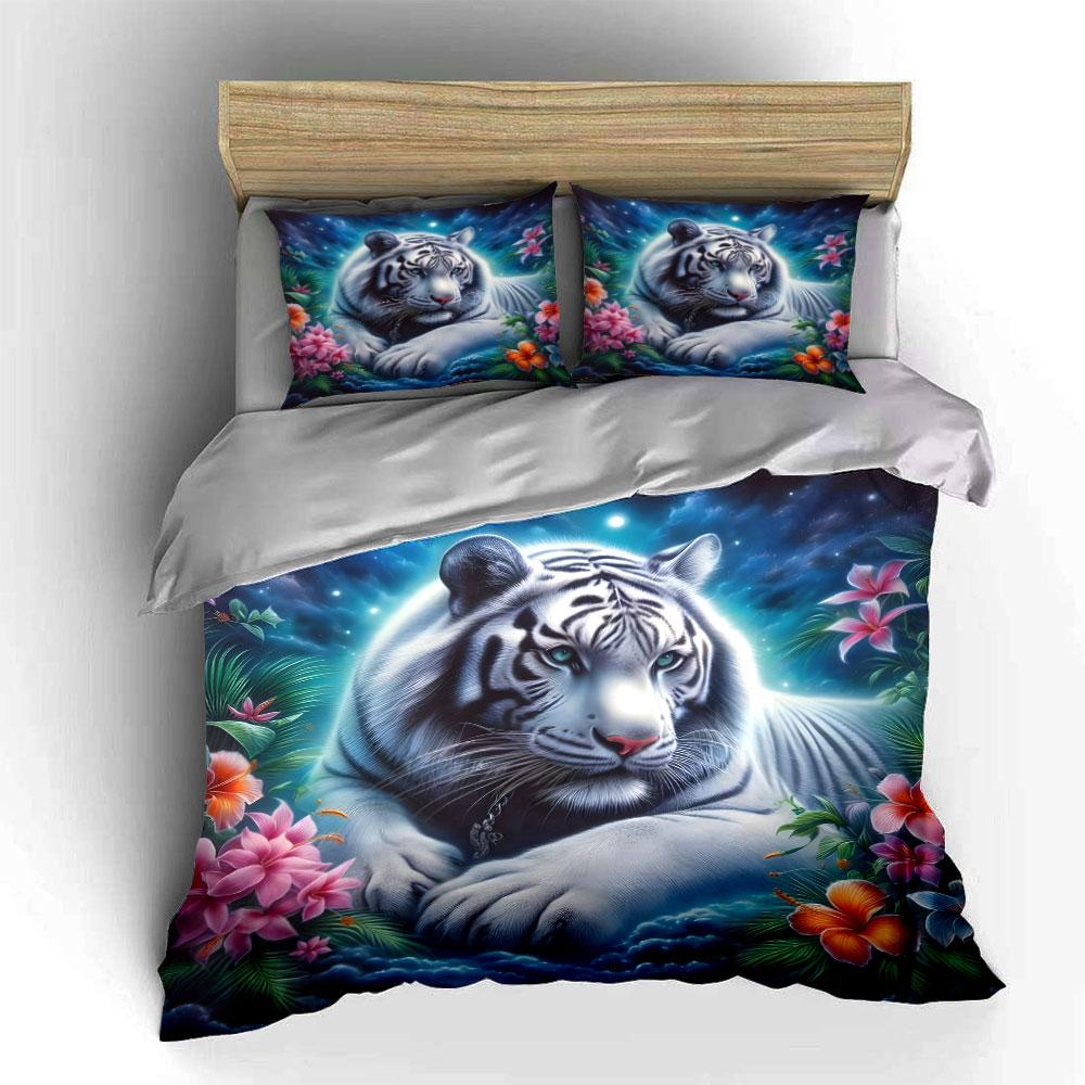 White Tiger with Tropical Flowers Bedding Duvet Cover Set  (1*Duvet Cover 2*Pillowcases, Without Duvet Insert)