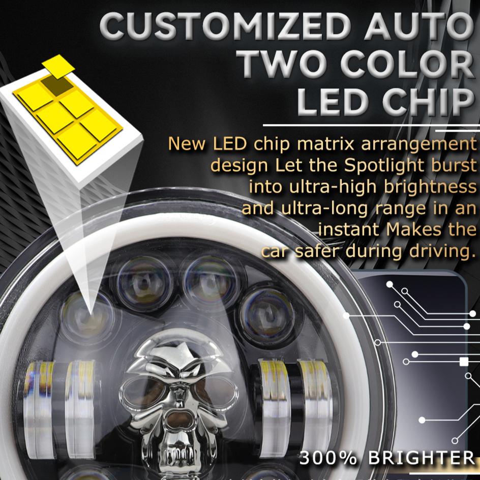 Skull Pattern 7in LED Motorcycle Headlamp 9-36V Hardwired Motor Vehicle Headlight for Modification Accessories