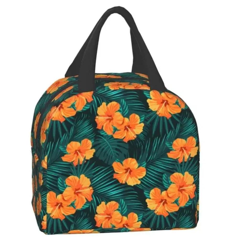 Red Hibiscus Large Insulated Lunch Bag Blue Tropical Leaves Hawaii Floral Lunch Box for Boys Girls Men Women Work Shcool Picnic