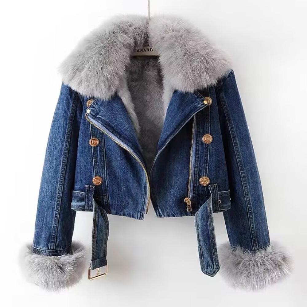 Detachable Faux Fox Fur Rabbit Fur Inner Lining Denim Jacket Women's Short Top Female Warm Parker Outwear