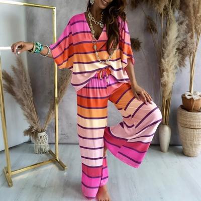 Women's 2 Piece Outfit Set Batwing Sleeve V Neck Top Drawstring Wide Leg Pants Set Loose Casual Lounge Sweatsuit