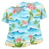Women V Neck Medical Scrub Top Hawaiian Print Short Sleeve Side Slit Nursing Uniform Shirt with Front Pocket Comfortable Fit