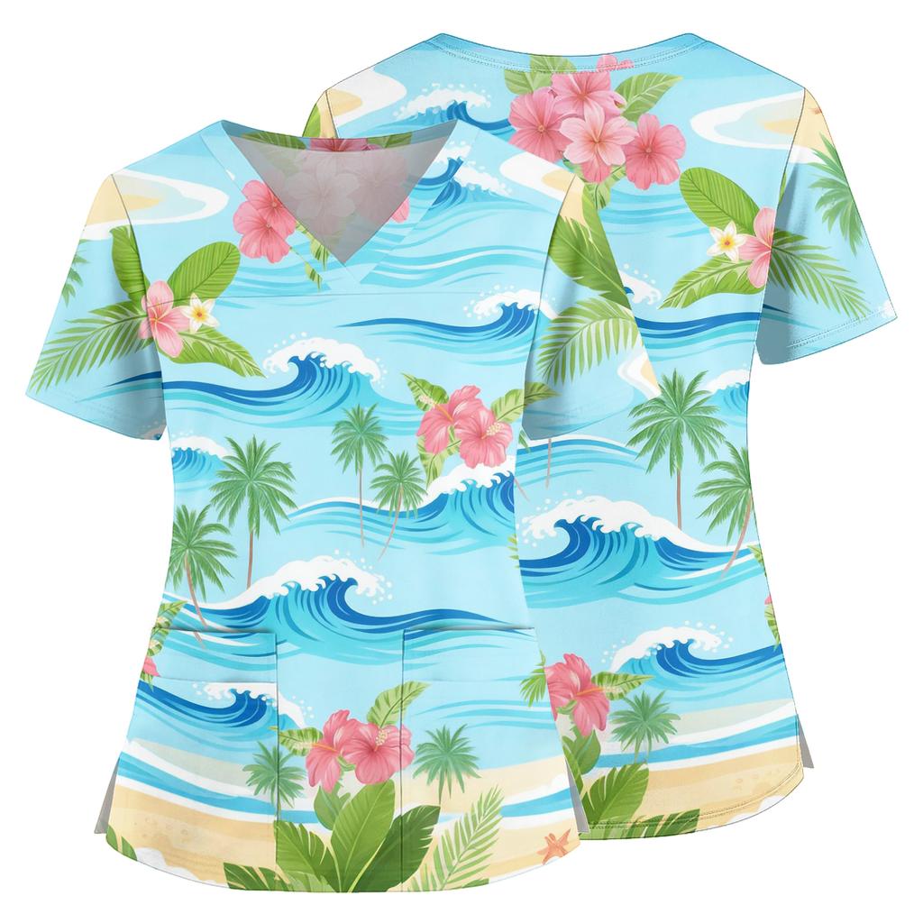 Women V Neck Medical Scrub Top Hawaiian Print Short Sleeve Side Slit Nursing Uniform Shirt with Front Pocket Comfortable Fit
