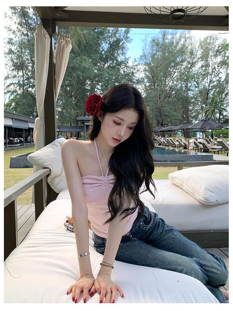 Růžový květinový šněrovací bandeau top - Dámský jarní/letní zeštíhlující top bez rukávů