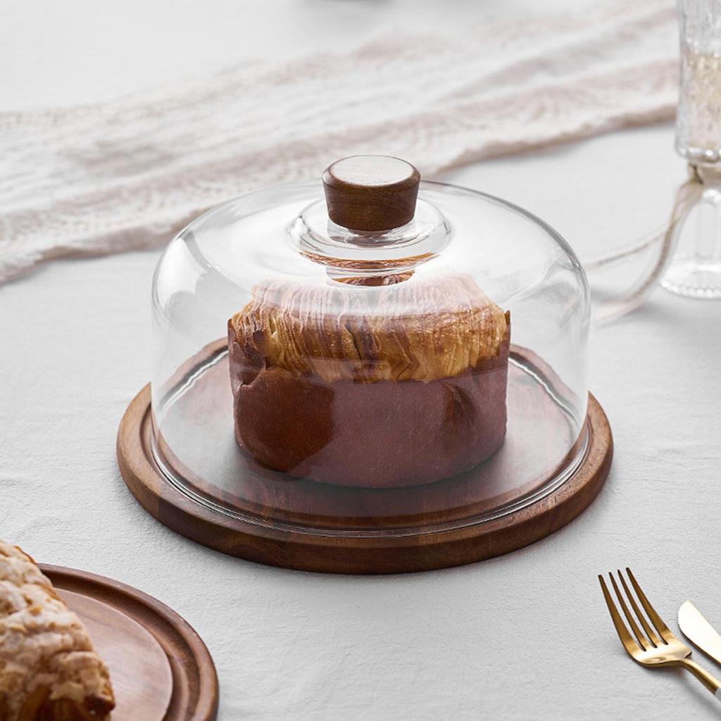 Cake Display Server Tablet Stand with Dome Plate Glass Dessert Wood Serving Shell for