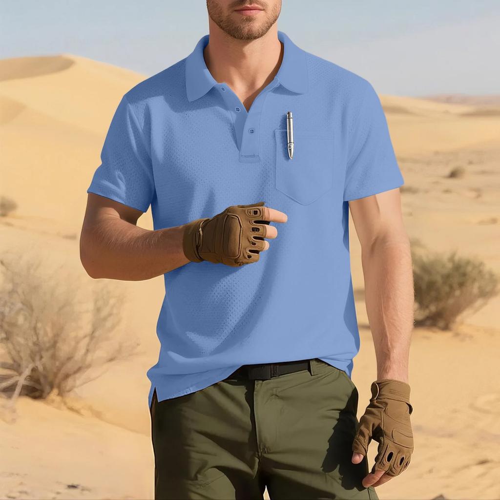 Men's Solid-color Classic Lapel Short-sleeved Sporty Casual Shirt Top