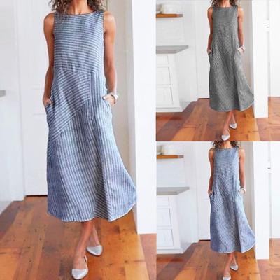 Rochie lejeră cu dungi fără mâneci rochie lungă de buzunar de in