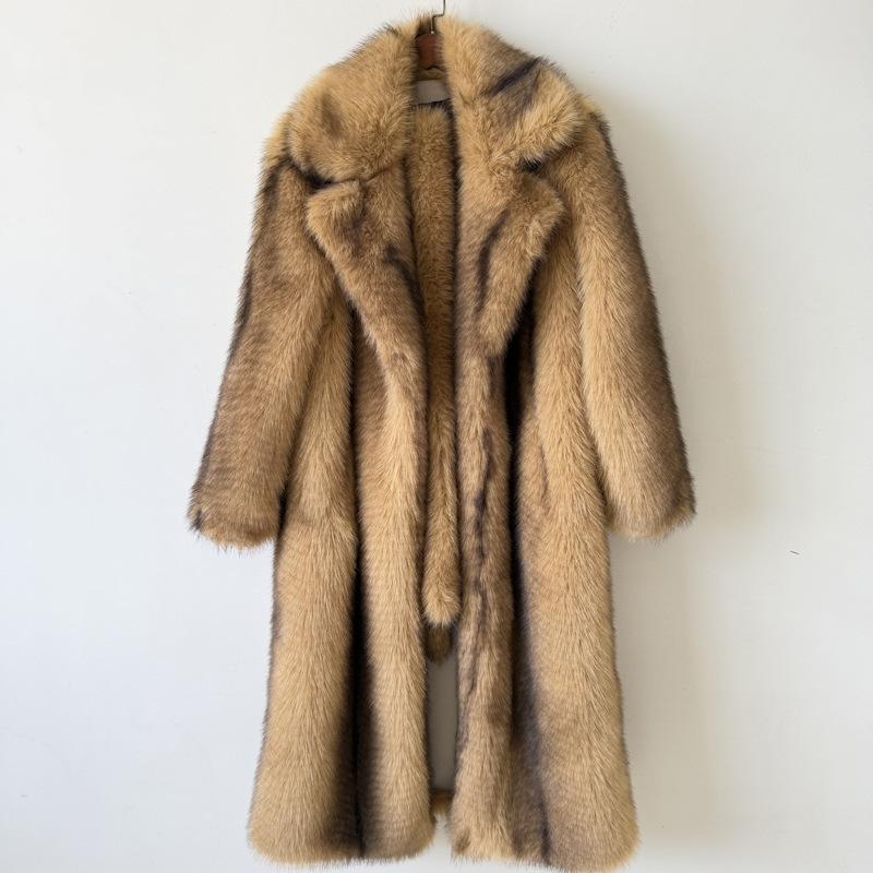 European and American autumn and winter new suit collar fox fur jacket artificial fur striped extended coat