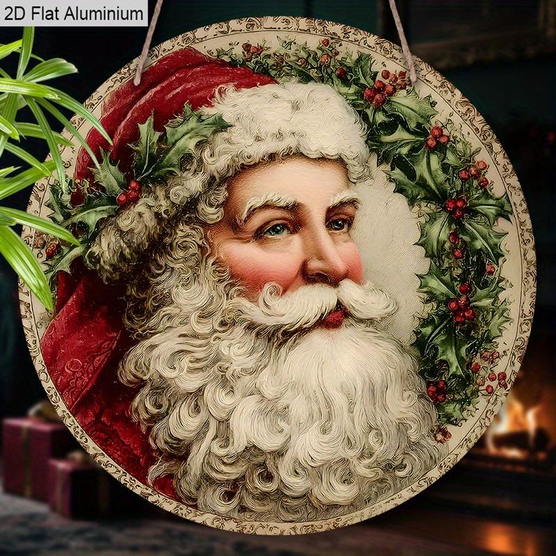 2D Flat Aluminium Rustic Christmas Sign with Santa Claus Pattern - Artistic Christmas Figurine Ornaments - Ideal for Front Door, Wall, Porch, Window