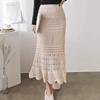 Women's Summer Lightweight Lace-Up Knit Midi-Length Bodycon Skirt with High-Waisted Fishtail Hem