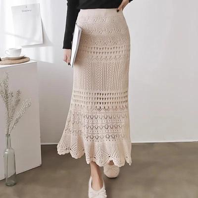 Women's Summer Lightweight Lace-Up Knit Midi-Length Bodycon Skirt with High-Waisted Fishtail Hem