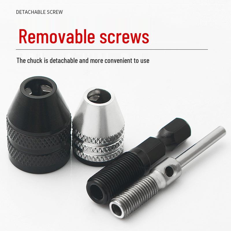 Quick-Change Mini Electric Drill with Three-Jaw Chuck, Hex Extension Rod, and Twist Drill Bit Adapter.