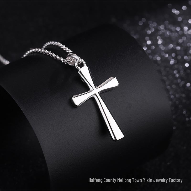 Sterling Silver Cross Necklace, Smooth Pendant for Men & Women, S925 Trendy Design