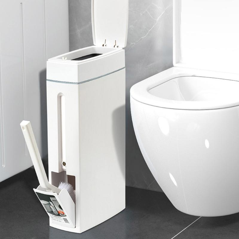 Bathroom Trash Can with Toilet Brush Holder Press-type Plastic Garbage Can Slim Rectangular Trash Bin for Toilet Kitchen