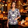 Women's Casual Halloween Print Uniform Top with V-Neck, Pockets and Side Slit, Three-Quarter Sleeve