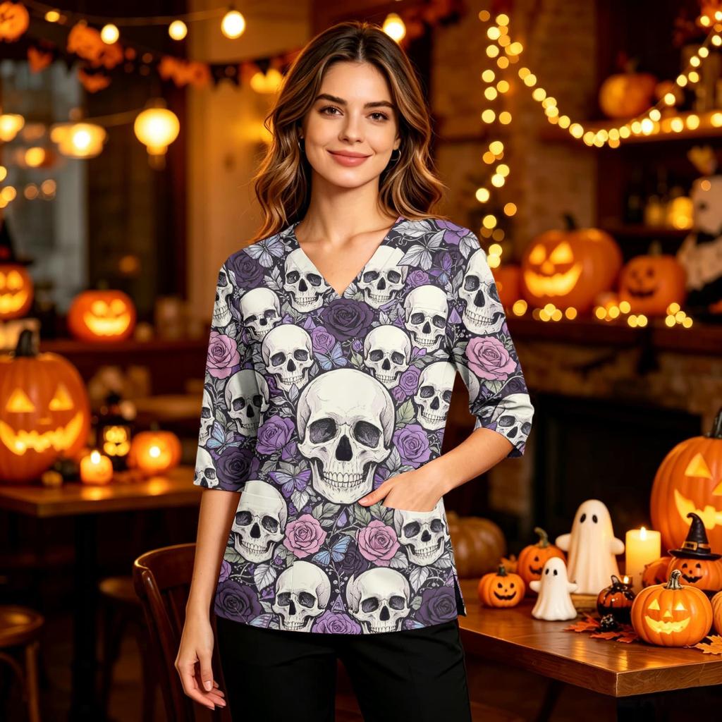 Women's Casual Halloween Print Uniform Top with V-Neck, Pockets and Side Slit, Three-Quarter Sleeve