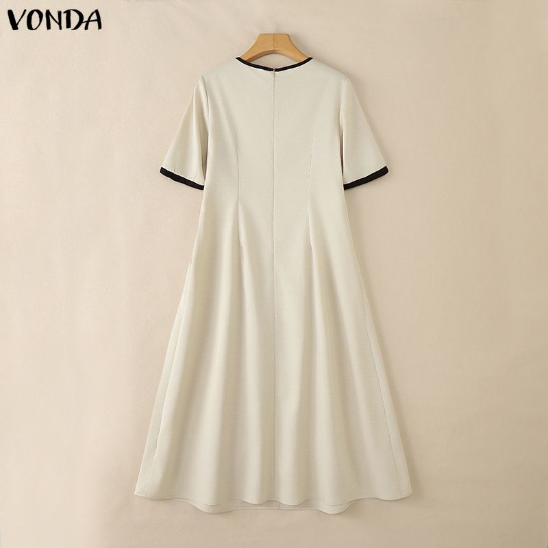 VONDA Women Summer Casual O-Neck Short Sleeve Stitching Dress Sundress