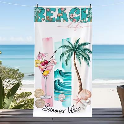 Beach Life Summer Vibes Tropical Beach Towel Palm Tree Cocktail Ocean Wave Seashell Print Soft Quick Dry Beach Blanket