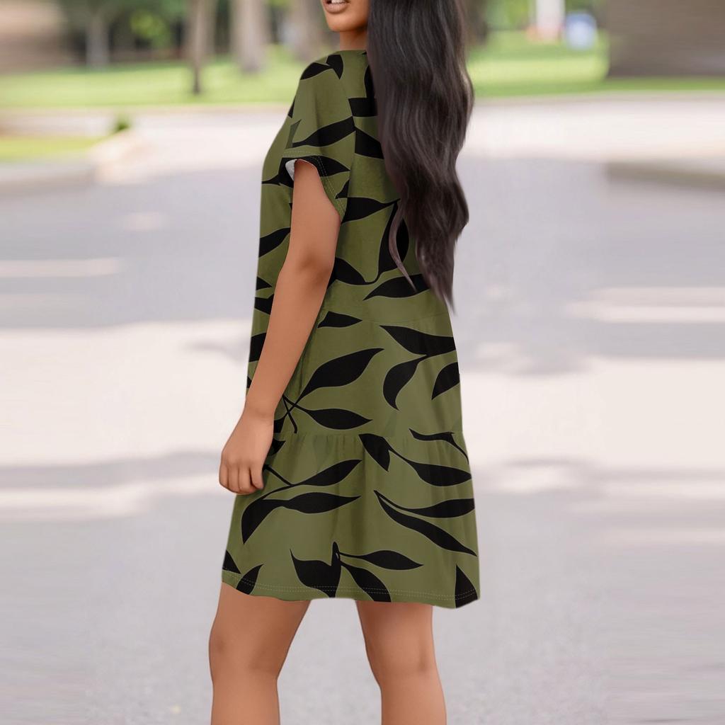 Damenmode Lässig Rundhals Kurzarm Blatt Floral Print Kleid