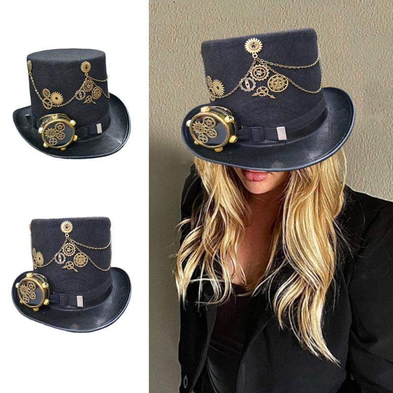 Steampunk Top Hat with Goggles Halloween Metal Gear Decor Hat Gothic Cosplay Magician Hat Unisex Jazzs Hat