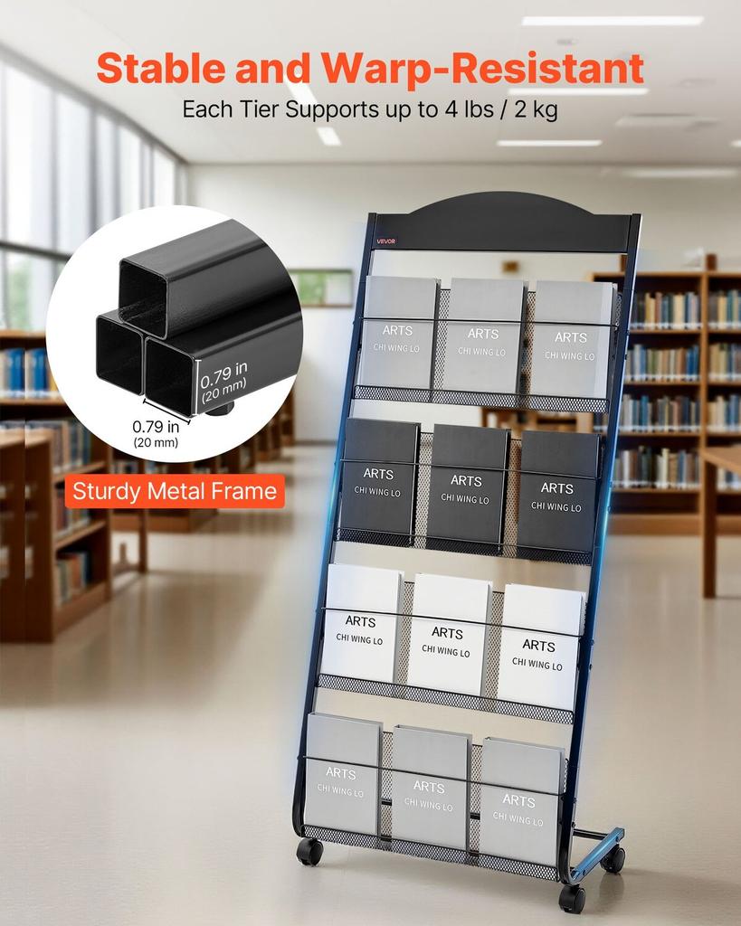 Brochure Display Rack, 4-Tier Magazine Literature Display Stand with Wheels, Movable Floor Standing Magazine Rack, Heavy Duty Newspaper Catalog