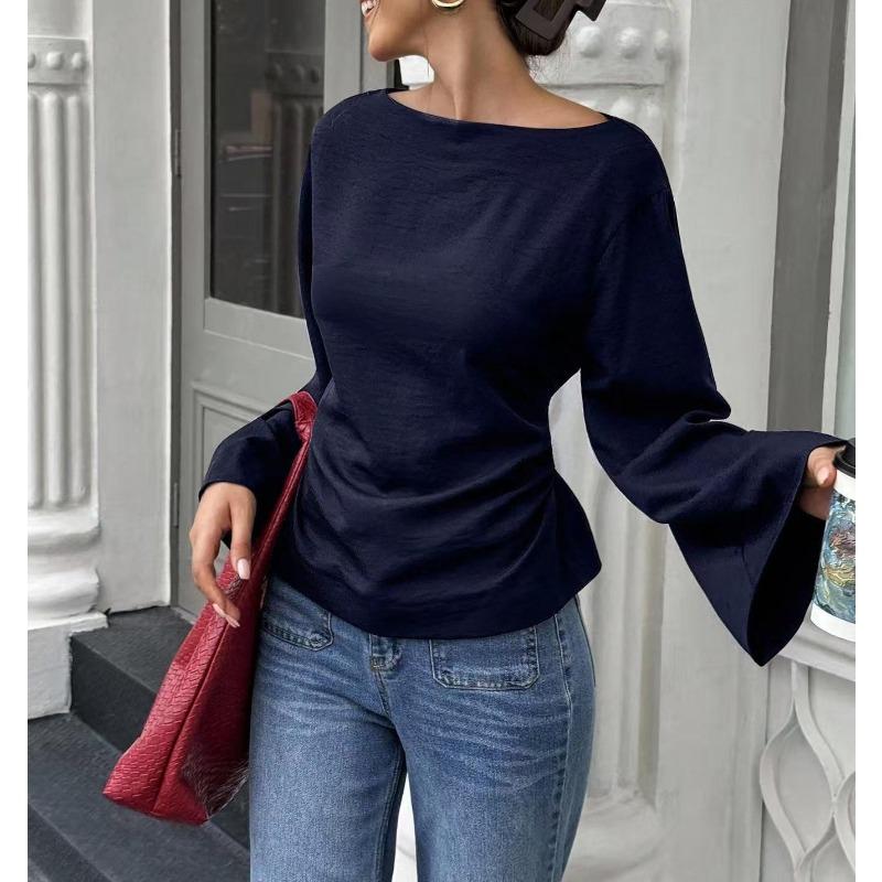 BITCED Women's Fashion Casual Solid Color Print Long Sleeve O-Neck Blouses & Shirts Unique Design