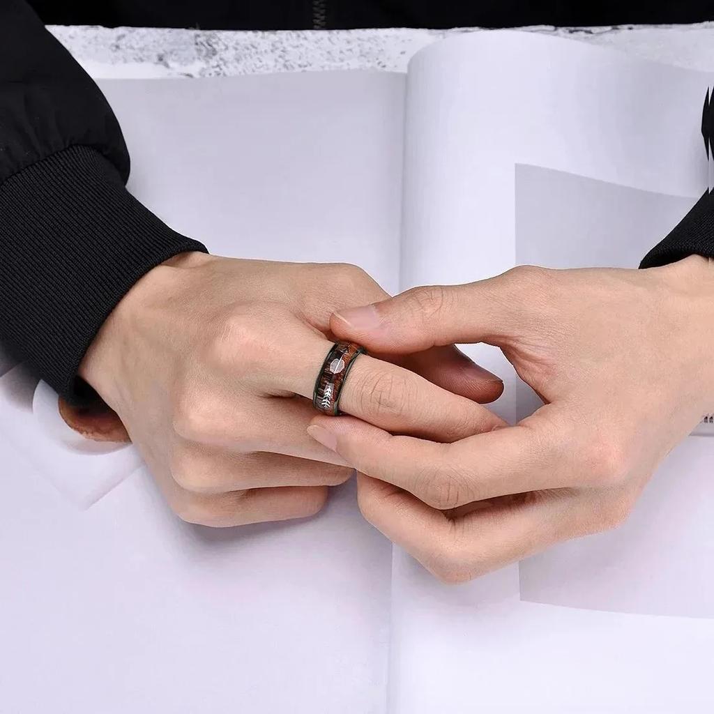 Fashion 8mm Men's Black Stainless Steel Ring Inlay Abalone Shell And Koa Wood Arrow Rings For Men Wedding Band Jewelry Drop Ship