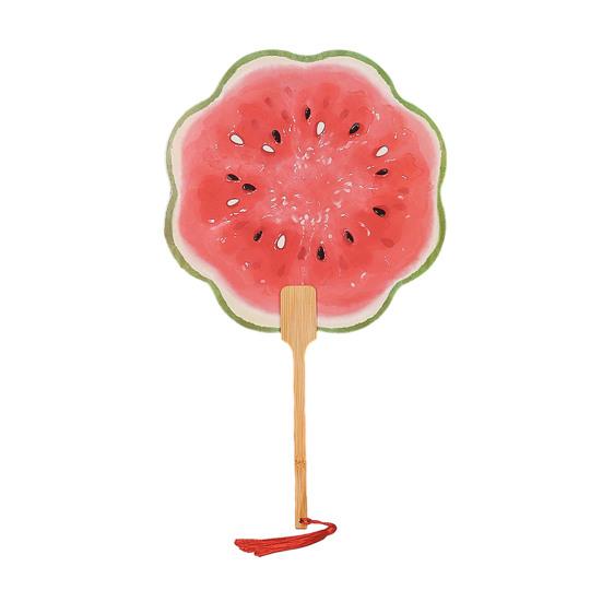 Watermelon Print Round Fan with Wooden Long Handle Portable Lightweight Outdoor Travel Camping Picnic Summer Handheld Paper Fan