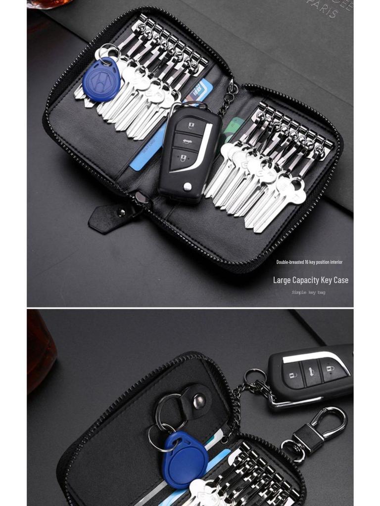 Men's Knitted Leather Car Key Pouch - Large Capacity Zipper Key Holder with Portable Keychain