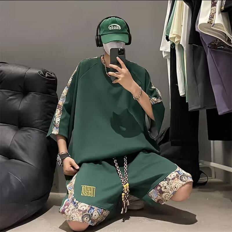 

Мужской летний костюм-двойка в китайском стиле - свободная футболка с коротким рукавом и шорты с узором сращивания для спорта и отдыха M