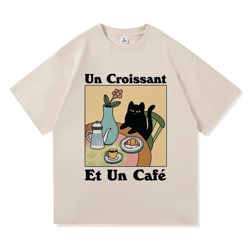 Vintage French Cafe Cat T Shirt Fashion Men/Women Funny Letter Un Croissant Et Un Cafe T-Shirt High Quality Cotton Tees Shirts