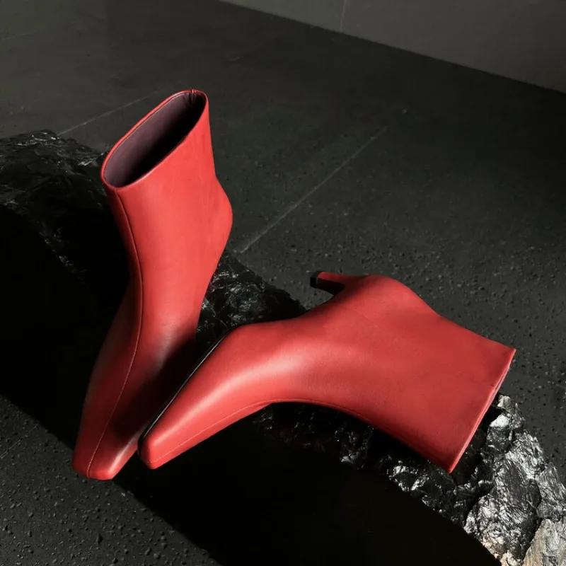 Fashion New Red Black Sheepskin Back Zipper Knee High Boots European American Square Headed Sexy 5.5cm High-heel Women Boots Size 34-41
