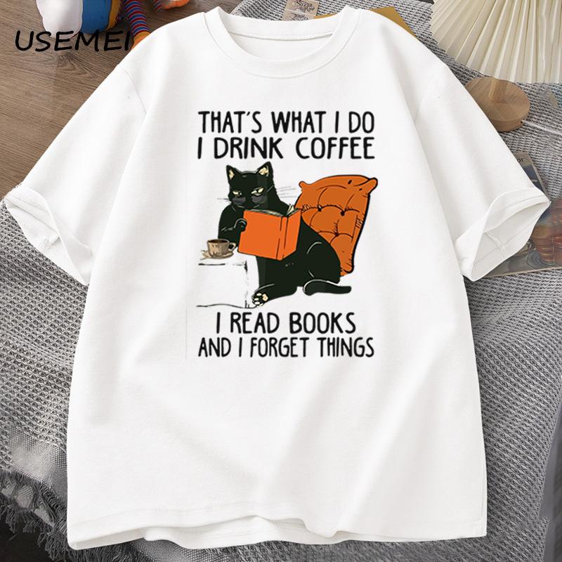 Cute Cat T-shirt for Women Men Books Coffee Cat Print T-shirts Funny Designer Comfortable Male Tee Shirt Male Clothing Shirts