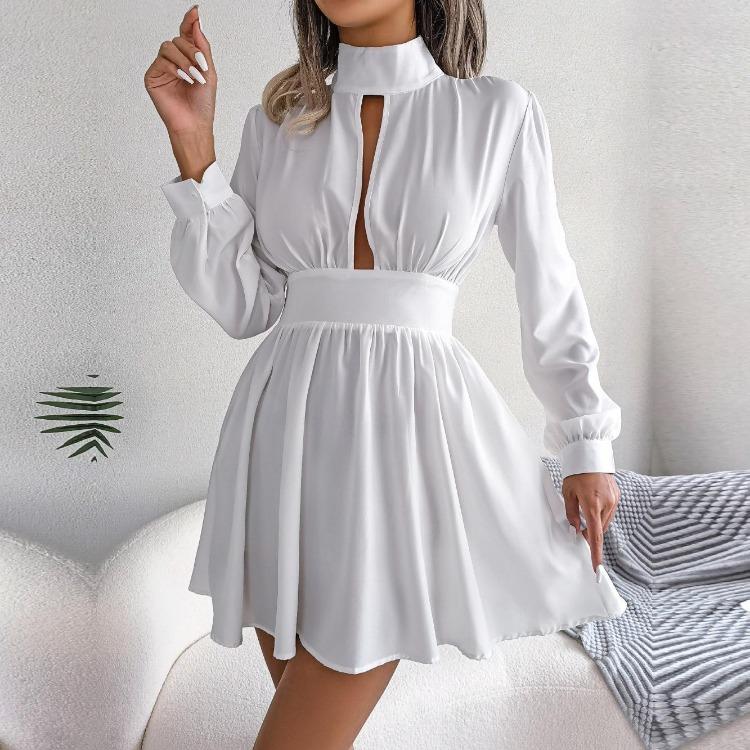 Sexy High Waist Hollow Out Swing Kleid für Damen Einfarbig Große Größe Herbst Winter Mode