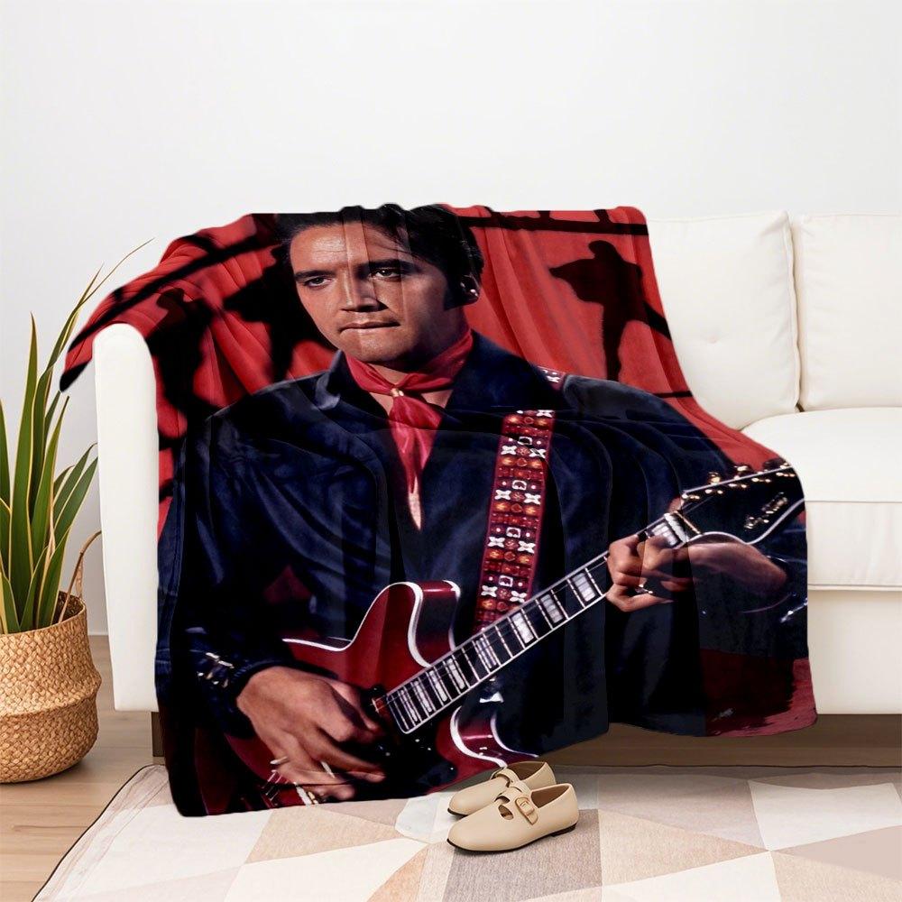 Elvis Presley Red Velvet Guitar Strap with Gold StudsBlanket Flannel Throw Blanket for Sofa, Bed, Travel, Camping, Office, Couch, Chair, And