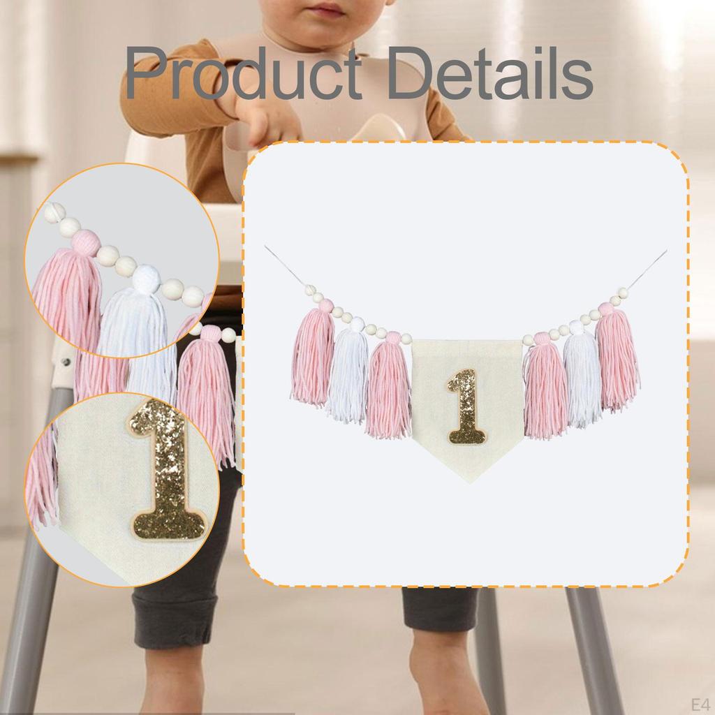 Girl's First Birthday Banner, Decorative Chair Garland with Tassels And Wooden Beads, Polyester