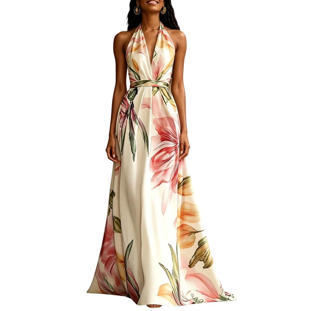 Women Neck Long Dress Backless Vacation Style Elegant Maxi Dress with Adjustable Tie and Floral Print for Summer Outings