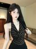 Women's V-neck Red Plaid Halter Crop Top - Summer Style
