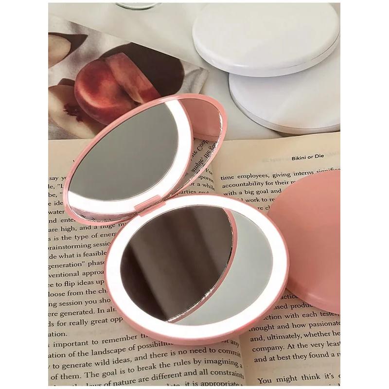 LED Foldable Makeup Mirror, Women Mini Mirror, Small Pocket Mirror, Pink And White Luminous Effect